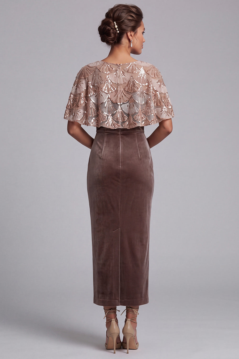 Chocolate Velvet Sheath Sequin Midi Mother of the Bride Dress with Cape