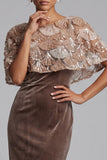 Chocolate Velvet Sheath Sequin Midi Mother of the Bride Dress with Cape