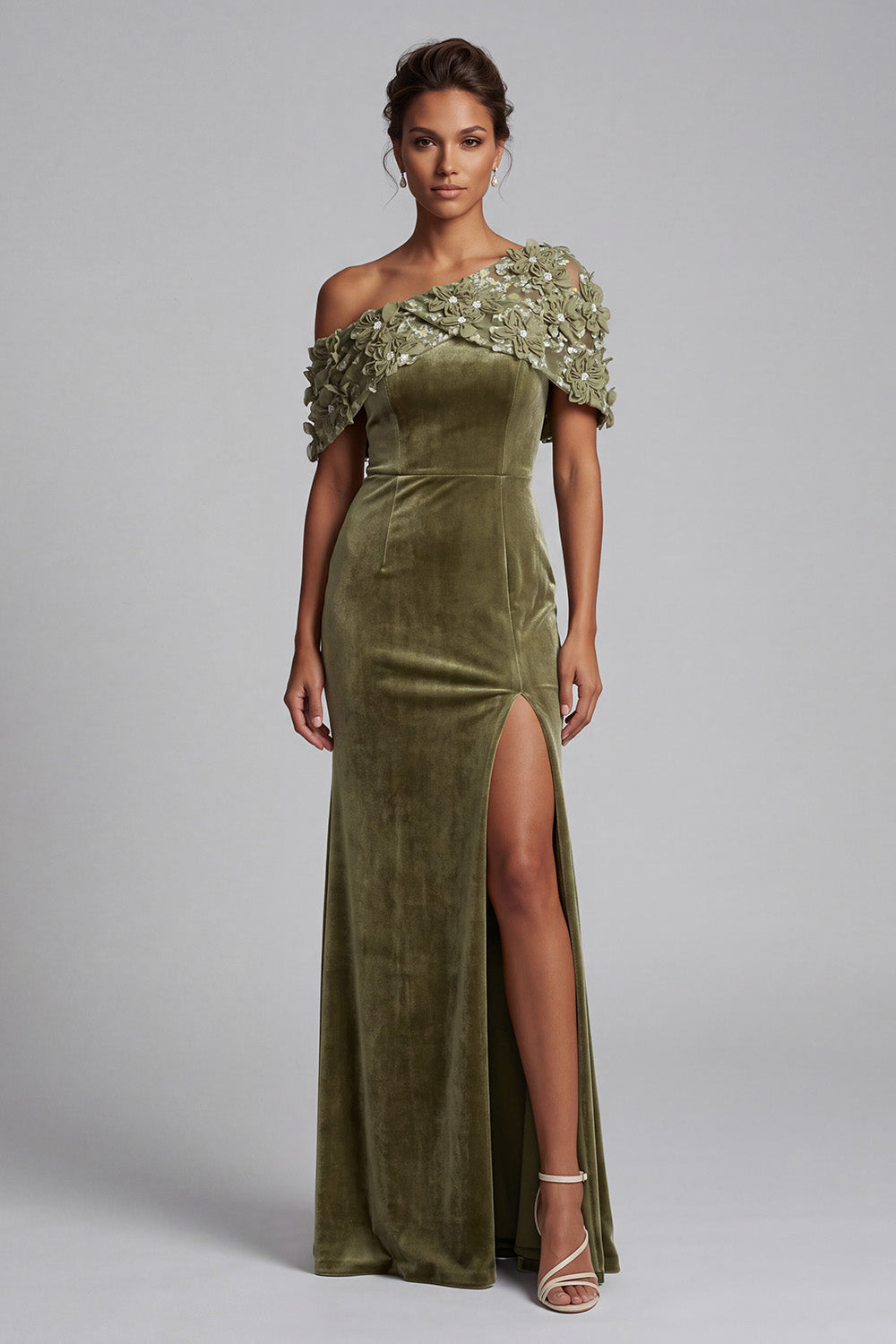 Olive Sheath Floral Beaded Velvet Long Mother of the Bride Dress with Slit