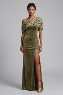 Olive Sheath Floral Beaded Velvet Long Mother of the Bride Dress with Slit