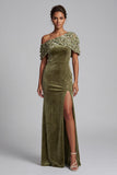Olive Sheath Floral Beaded Velvet Long Mother of the Bride Dress with Slit