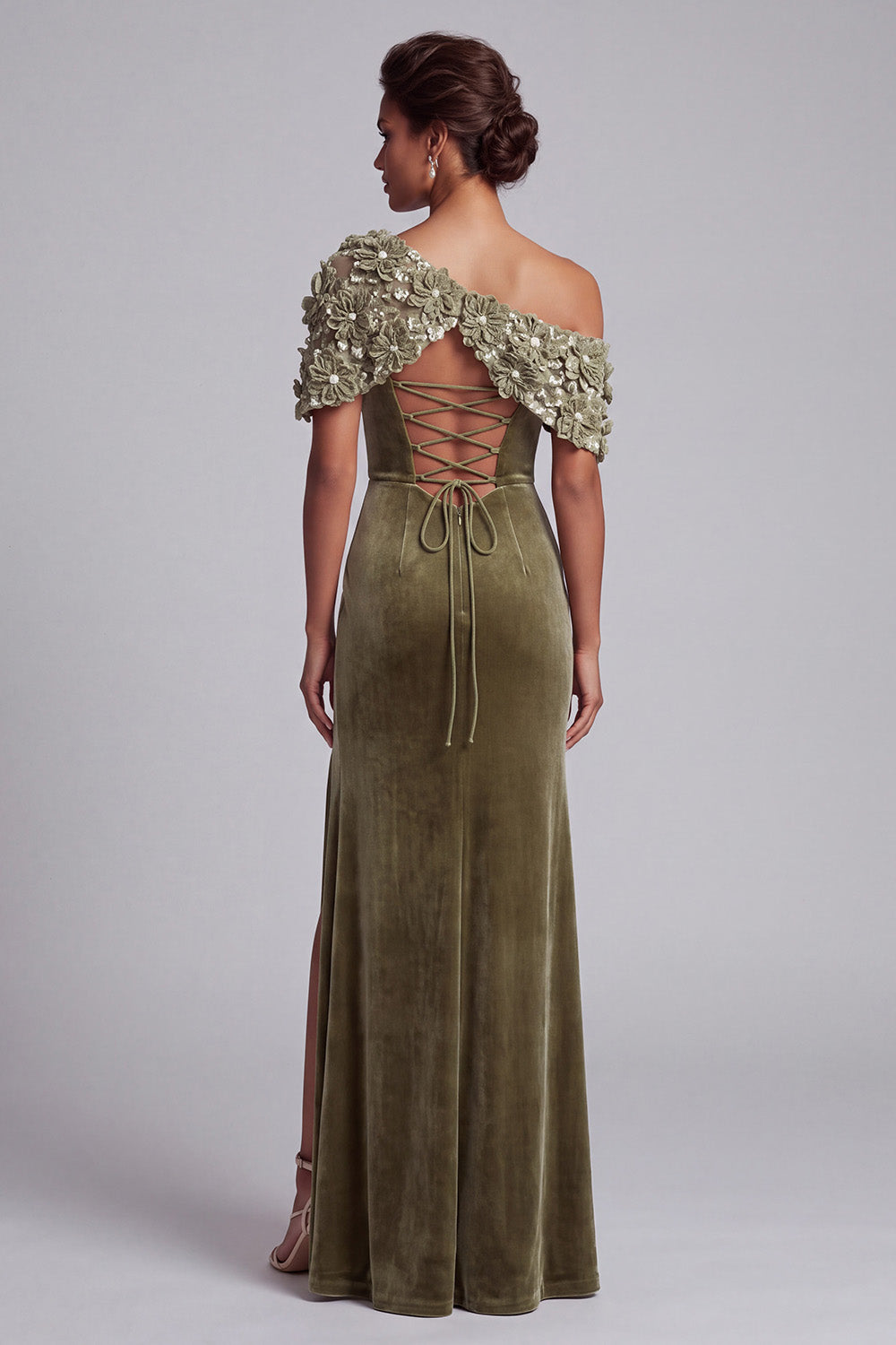 Olive Sheath Floral Beaded Velvet Long Mother of the Bride Dress with Slit