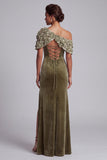 Olive Sheath Floral Beaded Velvet Long Mother of the Bride Dress with Slit