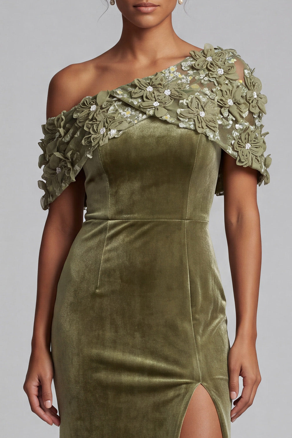 Olive Sheath Floral Beaded Velvet Long Mother of the Bride Dress with Slit
