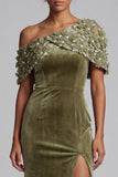 Olive Sheath Floral Beaded Velvet Long Mother of the Bride Dress with Slit