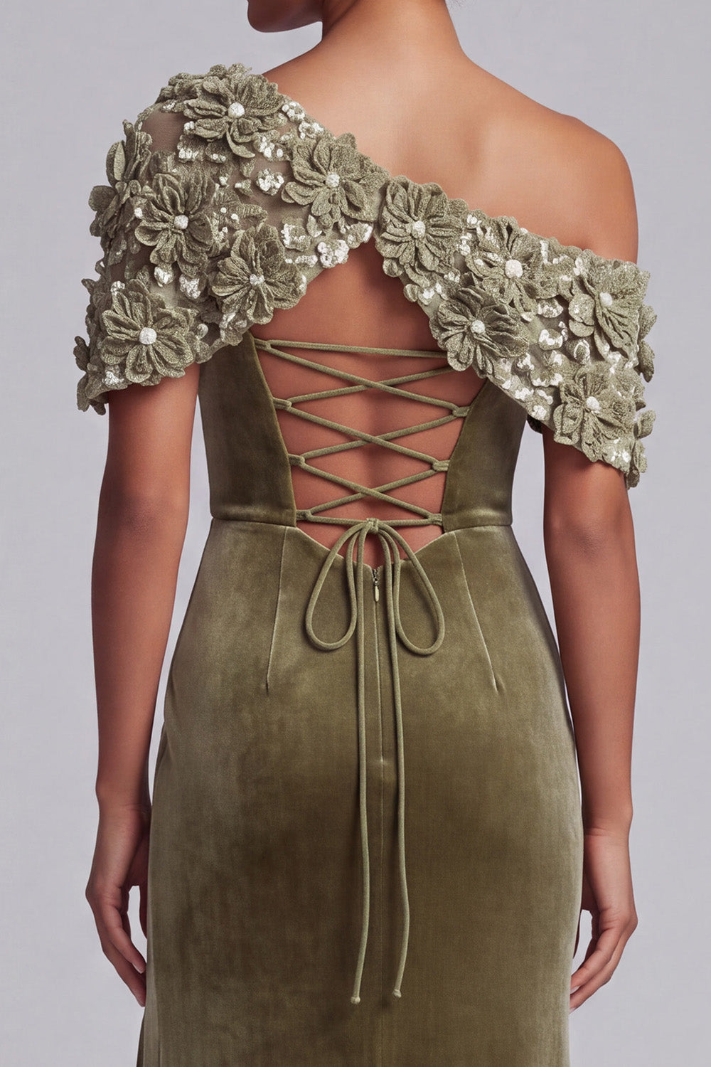 Olive Sheath Floral Beaded Velvet Long Mother of the Bride Dress with Slit