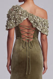 Olive Sheath Floral Beaded Velvet Long Mother of the Bride Dress with Slit