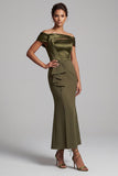 Olive Mermaid Satin Ruched Long Mother of the Bride Dress with Slit