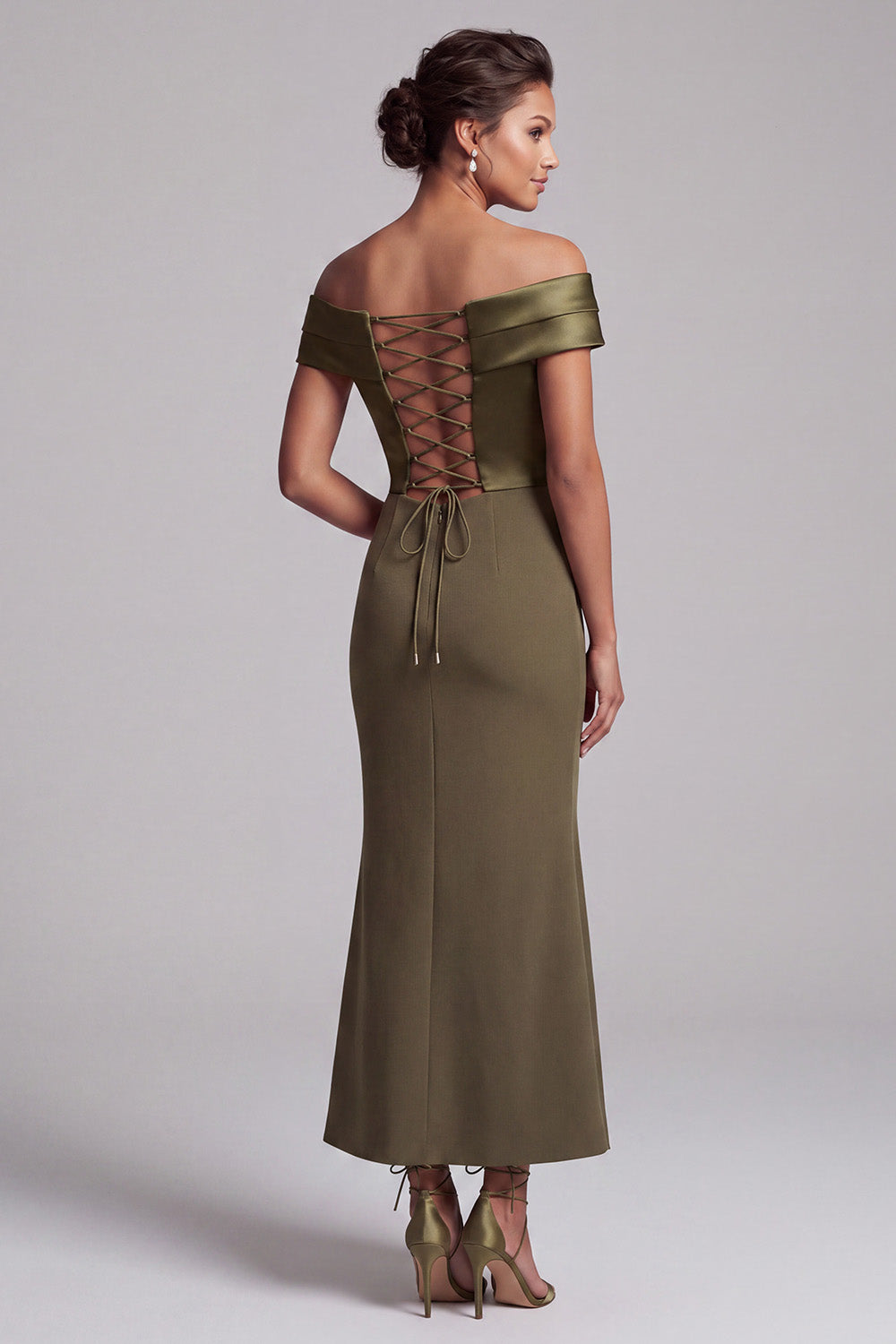 Olive Mermaid Satin Ruched Long Mother of the Bride Dress with Slit