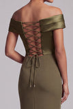 Olive Mermaid Satin Ruched Long Mother of the Bride Dress with Slit