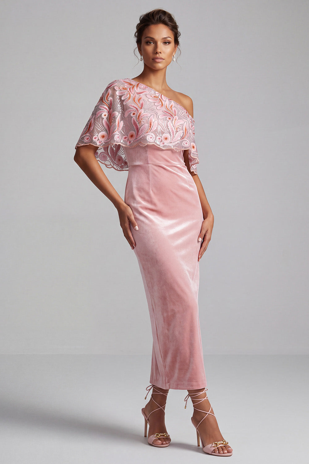 Pink Sheath Sequin Floral Velvet Long Mother of the Bride Dress