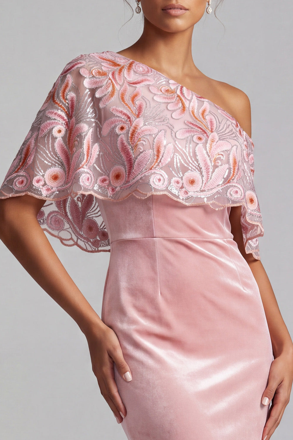 Pink Sheath Sequin Floral Velvet Long Mother of the Bride Dress
