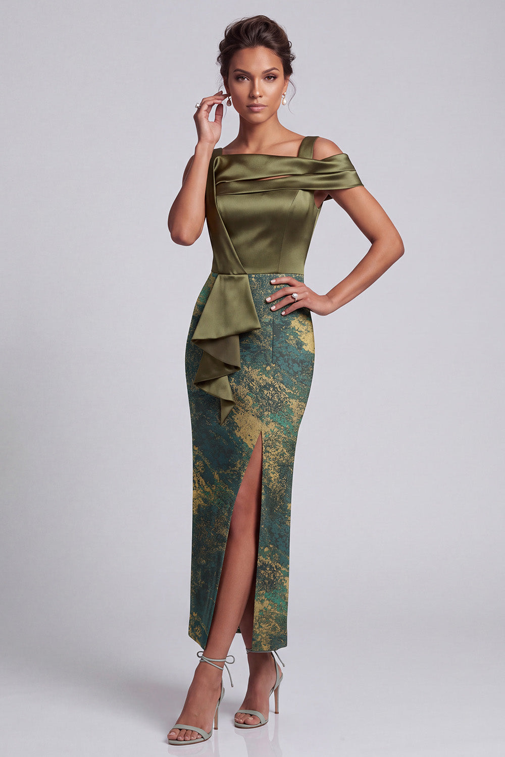 Olive Sheath Ruched Long Satin Mother of the Bride Dress with Slit