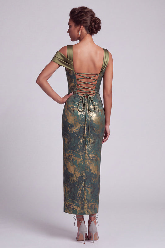 Olive Sheath Ruffled Long Satin Mother of the Bride Dress with Slit
