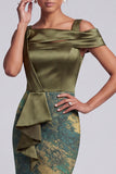 Olive Sheath Ruched Long Satin Mother of the Bride Dress with Slit