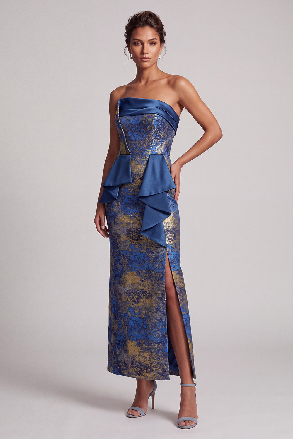 Dark Blue Sheath Ruched Long Jacquard Mother of the Bride Dress with Slit
