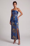 Dark Blue Sheath Ruched Long Jacquard Mother of the Bride Dress with Slit