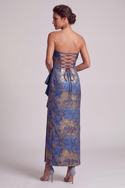 Dark Blue Sheath Ruffled Long Jacquard Mother of the Bride Dress with Slit