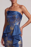 Dark Blue Sheath Ruched Long Jacquard Mother of the Bride Dress with Slit