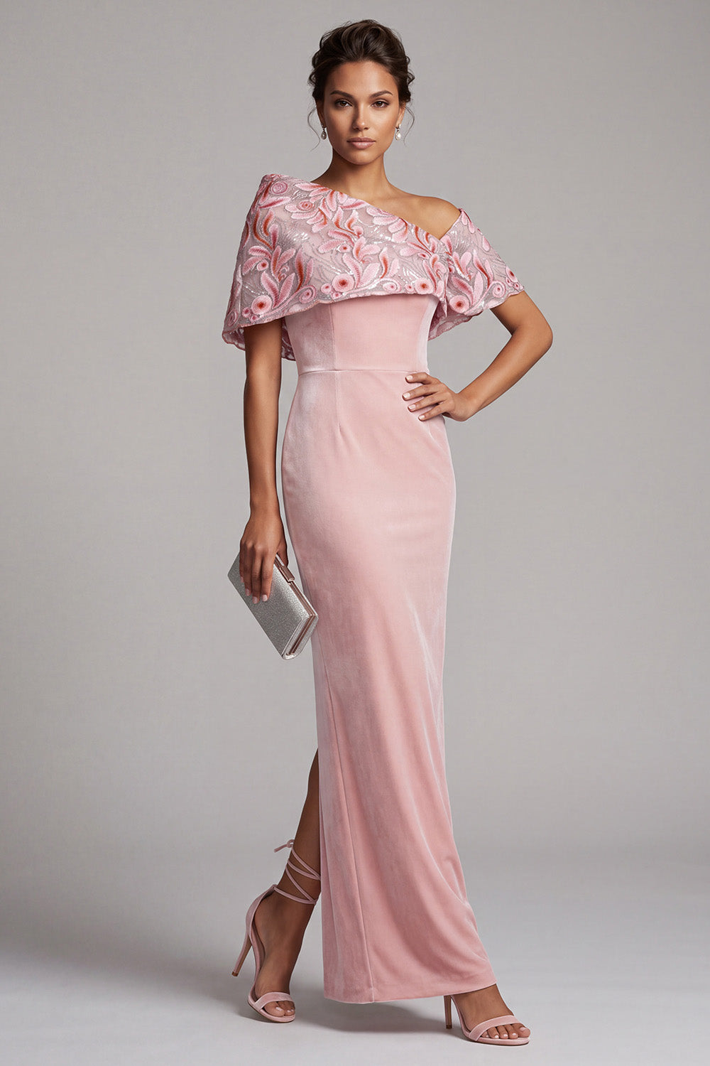 Pink Sheath Floral Sequin Velvet Long Mother of the Bride Dress