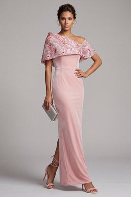 Pink Sheath Floral Sequin Velvet Long Mother of the Bride Dress