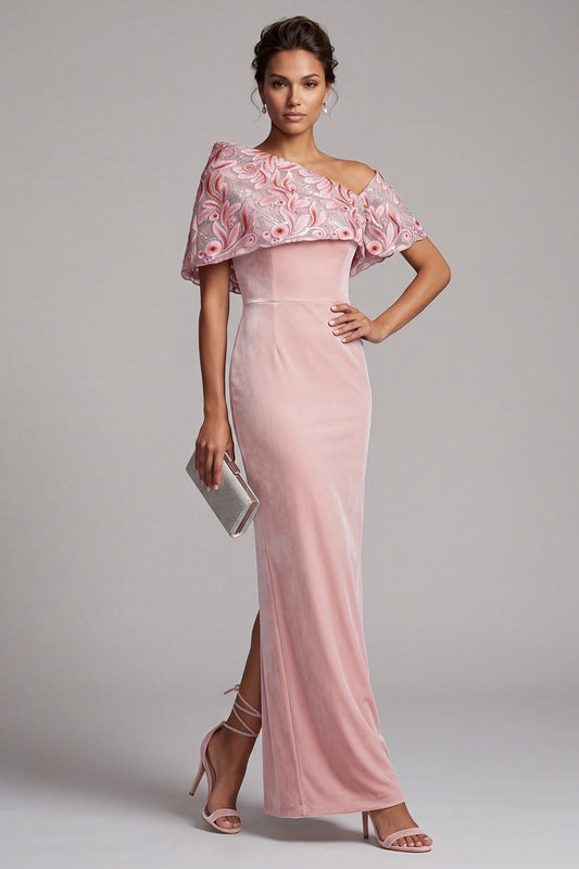 Pink Sheath Floral Sequin Velvet Long Mother of the Bride Dress with Cape
