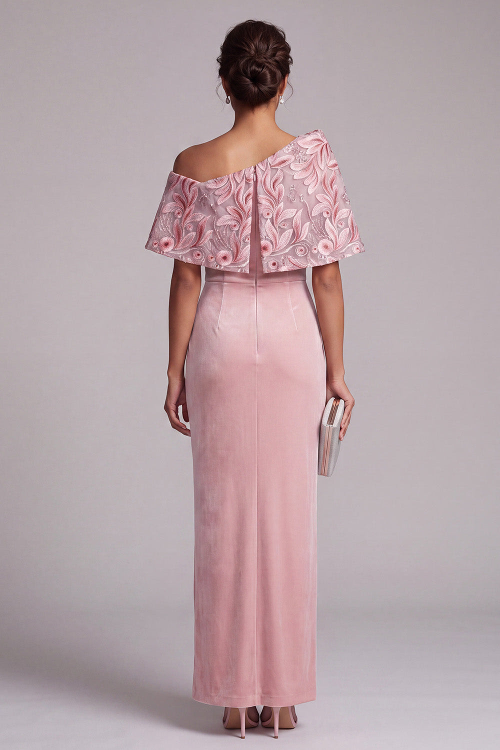 Pink Sheath Floral Sequin Velvet Long Mother of the Bride Dress