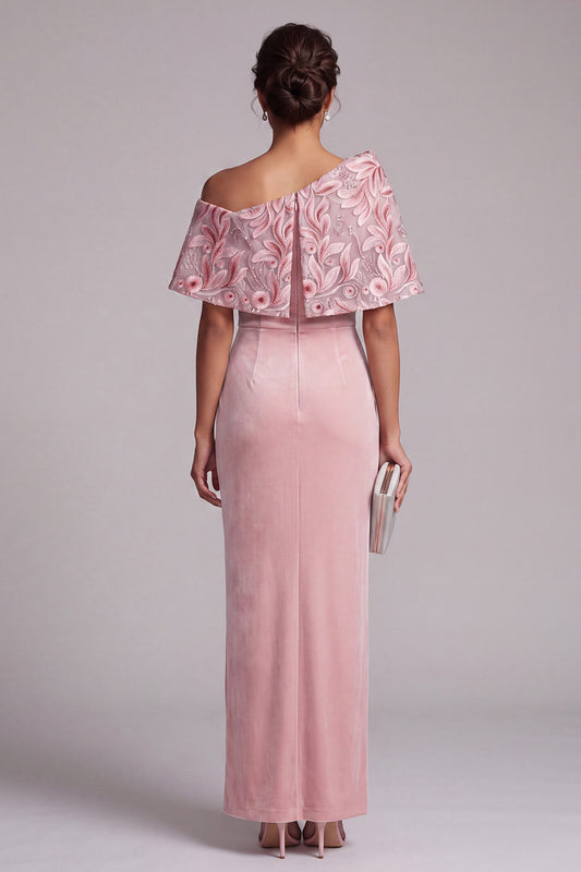Pink Sheath Floral Sequin Velvet Long Mother of the Bride Dress with Cape