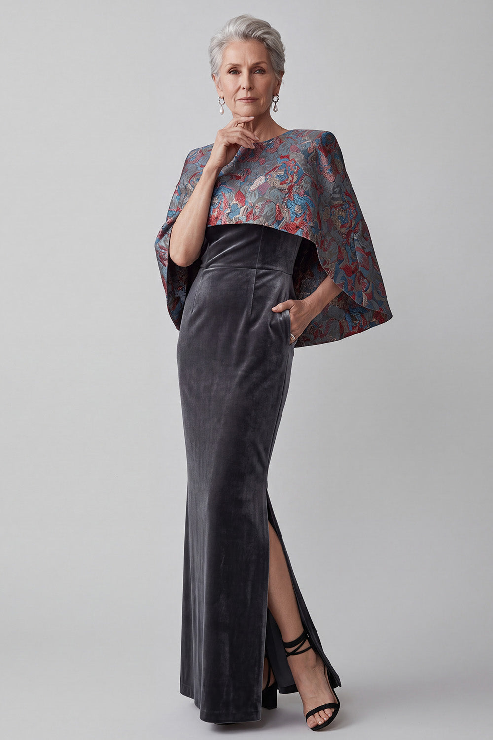 Dark Grey Sheath 2 Piece Floral Velvet Long Mother of the Bride Dress with Pocket