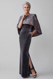 Dark Grey Sheath 2 Piece Floral Velvet Long Mother of the Bride Dress with Pocket