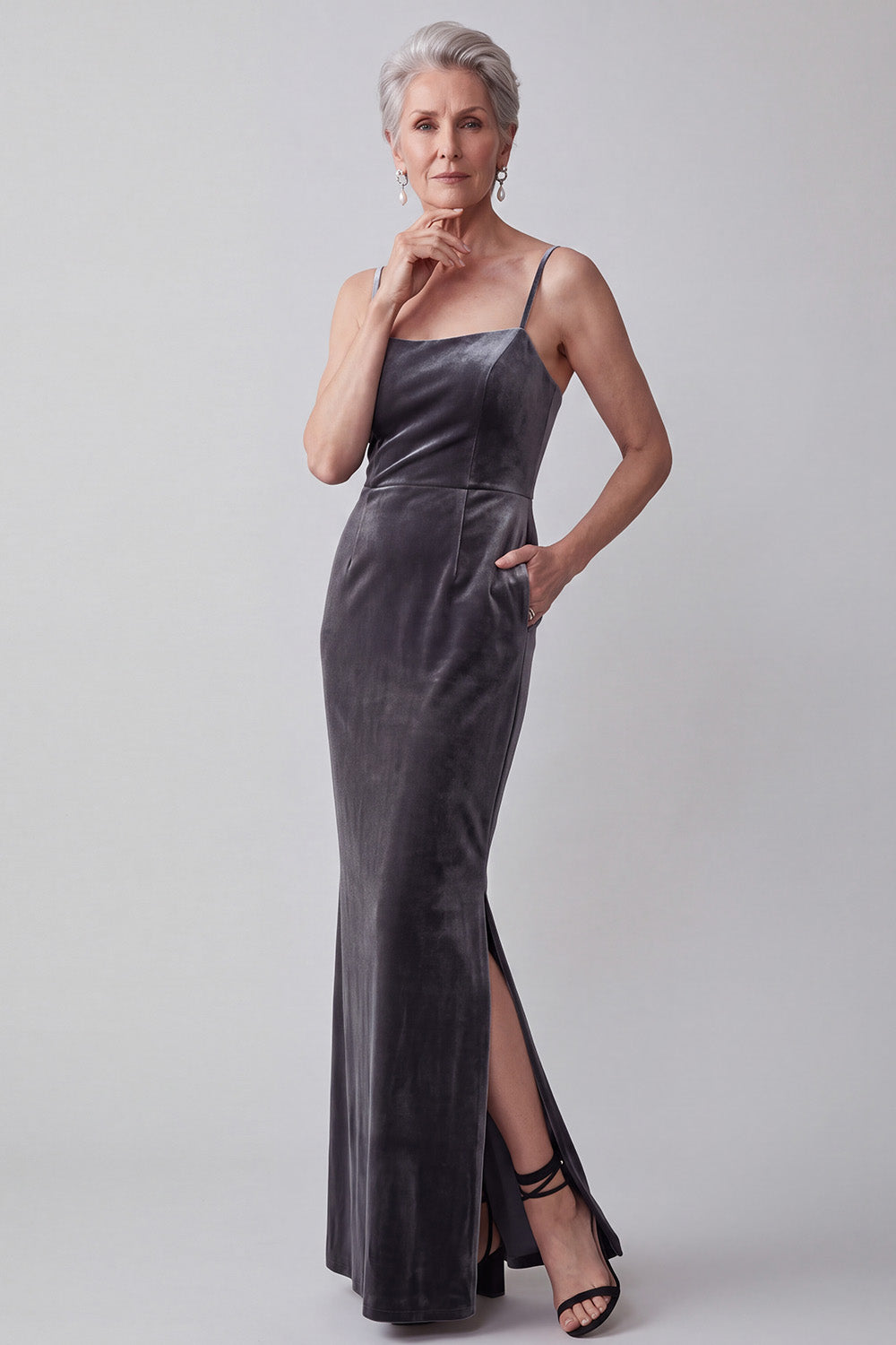 Dark Grey Sheath 2 Piece Floral Velvet Long Mother of the Bride Dress with Pocket