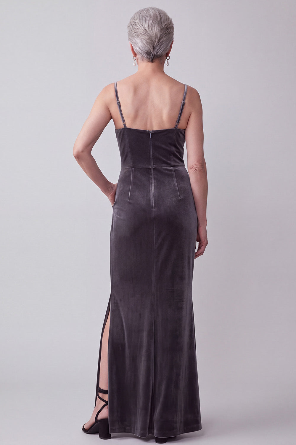 Dark Grey Sheath 2 Piece Floral Velvet Long Mother of the Bride Dress with Pocket