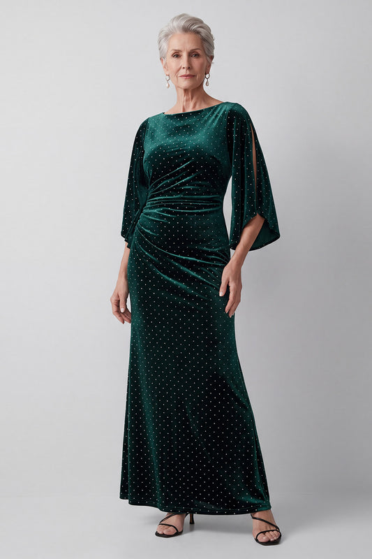 Dark Green Sheath Beaded Ruched Long Velvet Mother of the Bride Dress with Sleeves