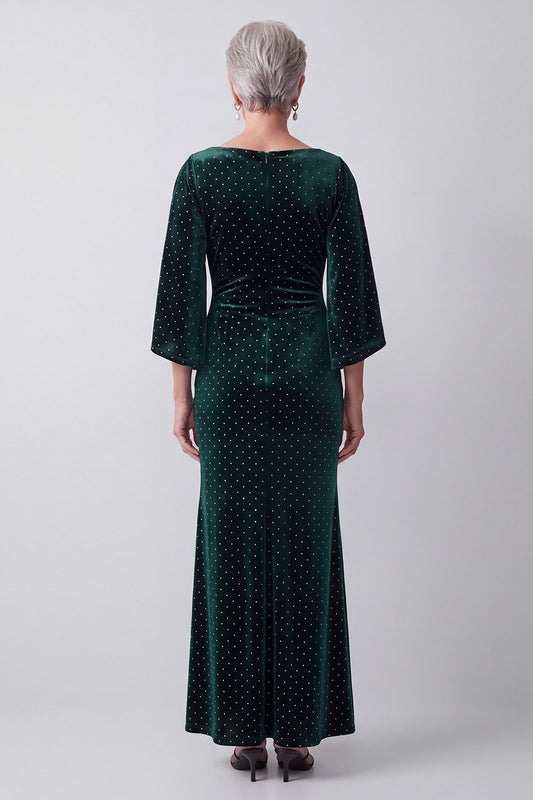 Dark Green Sheath Beaded Ruched Long Velvet Mother of the Bride Dress with Sleeves