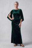 Dark Green Sheath Beaded Ruched Long Velvet Mother of the Bride Dress with Sleeves