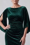 Dark Green Sheath Beaded Ruched Long Velvet Mother of the Bride Dress with Sleeves