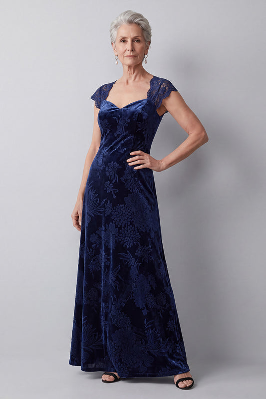 Navy Sheath Floral Velvet Cap Sleeves Long Mother of the Bride Dress with Lace