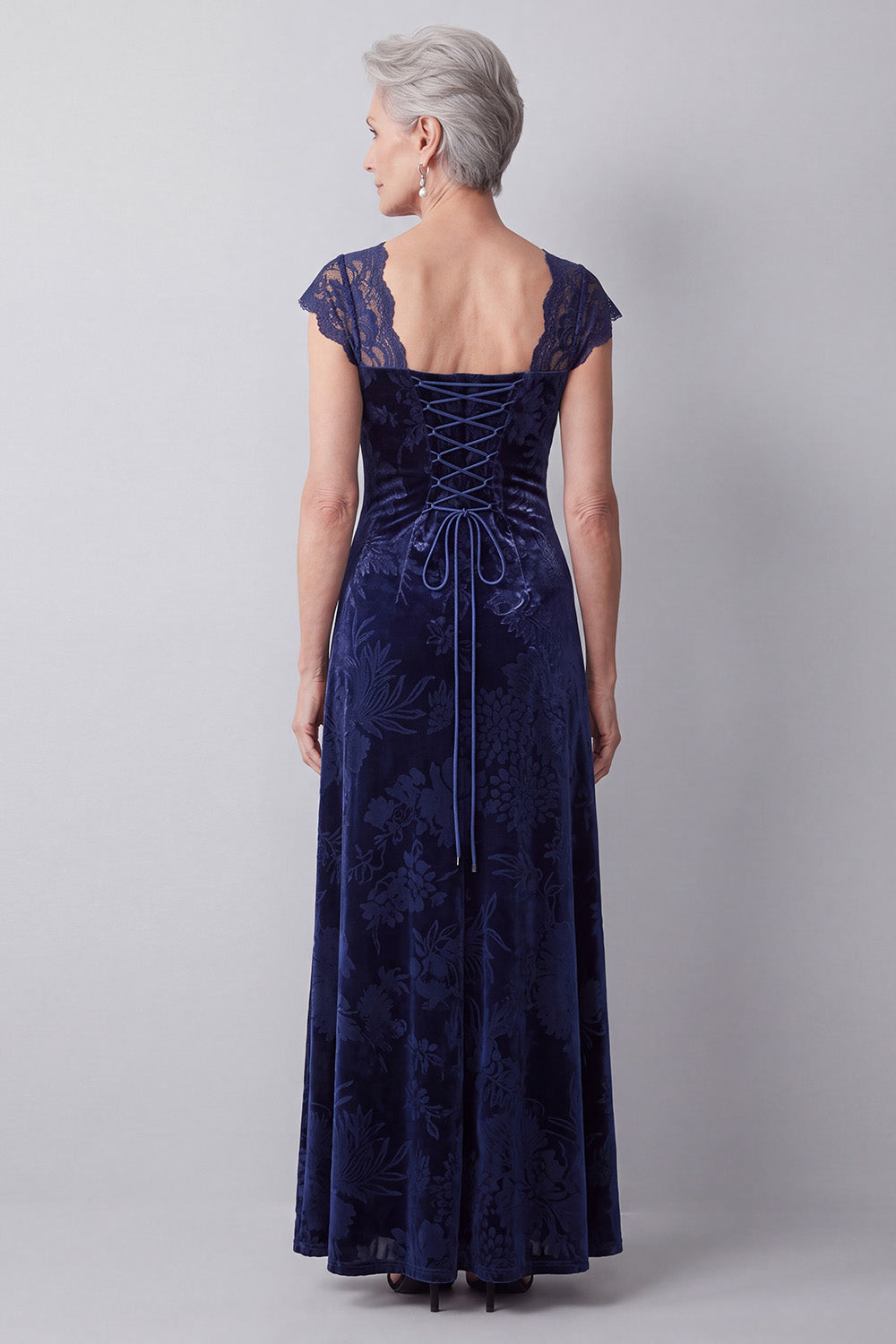 Navy Sheath Floral Velvet Cap Sleeves Long Mother of the Bride Dress with Lace