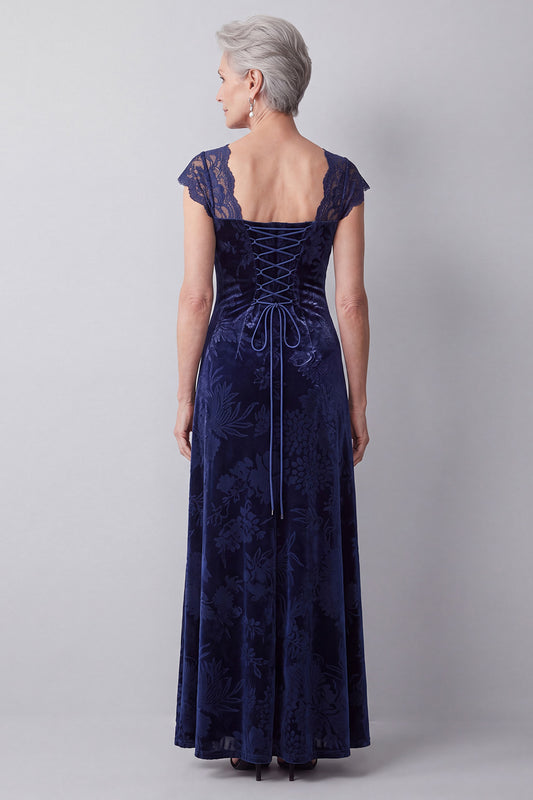 Navy Sheath Floral Velvet Cap Sleeves Long Mother of the Bride Dress with Lace