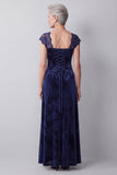Navy Sheath Floral Velvet Cap Sleeves Long Mother of the Bride Dress with Lace