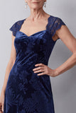 Navy Sheath Floral Velvet Cap Sleeves Long Mother of the Bride Dress with Lace