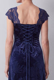 Navy Sheath Floral Velvet Cap Sleeves Long Mother of the Bride Dress with Lace