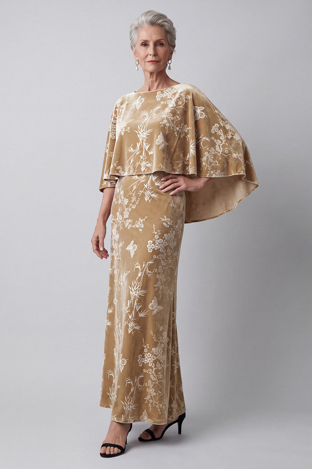 Champagne Sheath 2 Piece Floral Velvet Long Mother of the Bride Dress with Cape