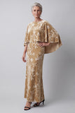Champagne Sheath 2 Piece Floral Velvet Long Mother of the Bride Dress with Cape