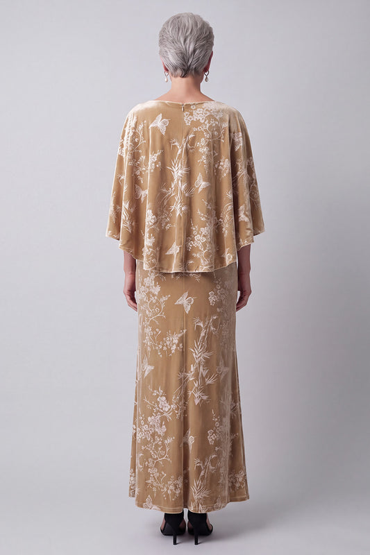 Champagne Sheath 2 Piece Floral Velvet Long Mother of the Bride Dress with Cape
