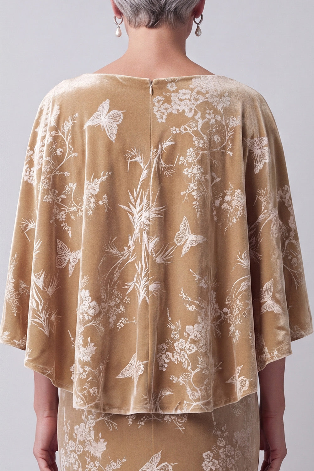 Champagne Sheath 2 Piece Floral Velvet Long Mother of the Bride Dress with Cape