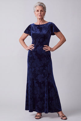 Navy Sheath Floral Velvet Long Mother of the Bride Dress with Sleeves