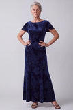 Navy Sheath Floral Velvet Long Mother of the Bride Dress with Sleeves