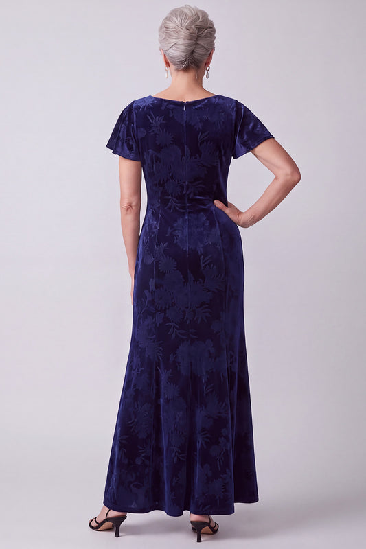 Navy Sheath Floral Velvet Long Mother of the Bride Dress with Sleeves