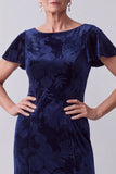 Navy Sheath Floral Velvet Long Mother of the Bride Dress with Sleeves